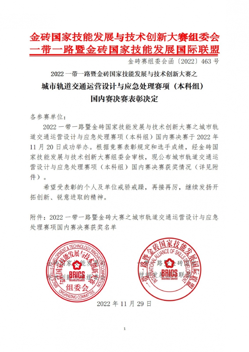 2022一帶一路暨金磚大賽之城市軌道交通運(yùn)營(yíng)設(shè)計(jì)與應(yīng)急處理賽項(xiàng)（本科組）國(guó)內(nèi)賽決賽表彰文件_00001 (1)